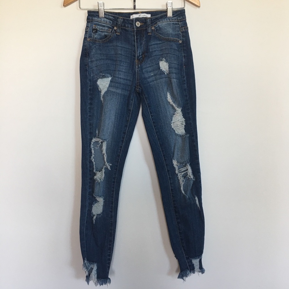 Kancan Mid Rise Cropped Ankle Distressed Raw Hem Skinny Jeans - Picture 3 of 6